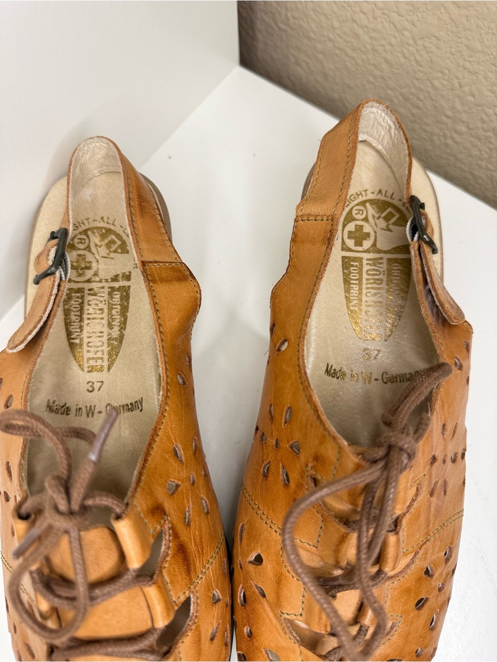 Vintage Worishofer West Germany Tan Leather Lace Up Wedge Sandals EU 37 Boho - Picture 7 of 8